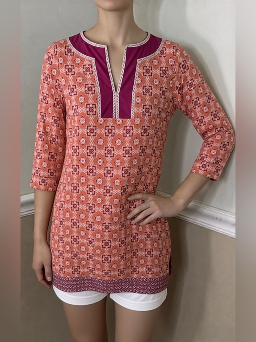 🎉 2 for $20! Cabana Life Coral Print Split-Neck Tunic Dress with Plum Trim
